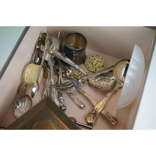 423 - A box of mixed collectables to include a cased silver topped brush, hallmarked silver mirror, brass ... 