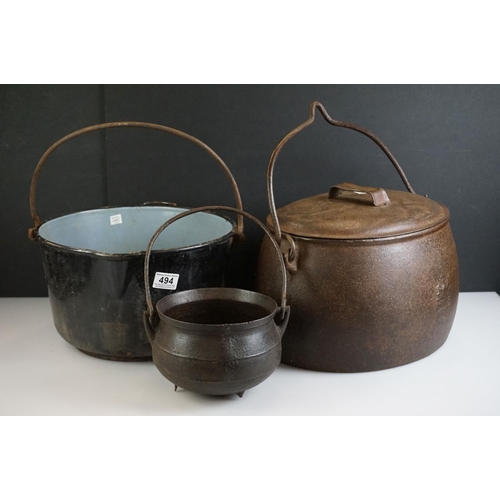 494 - 19th century Large Cast Iron Cooking Pot plus two others