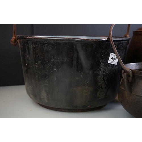 494 - 19th century Large Cast Iron Cooking Pot plus two others