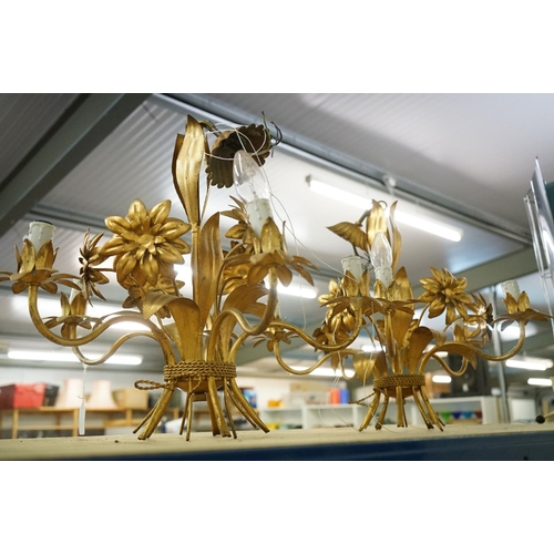 458 - Pair of gilt metal five-branch floral ceiling light fittings, with cast leaf and flower decoration a... 