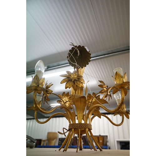 458 - Pair of gilt metal five-branch floral ceiling light fittings, with cast leaf and flower decoration a... 