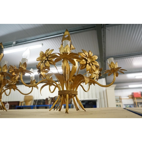 458 - Pair of gilt metal five-branch floral ceiling light fittings, with cast leaf and flower decoration a... 