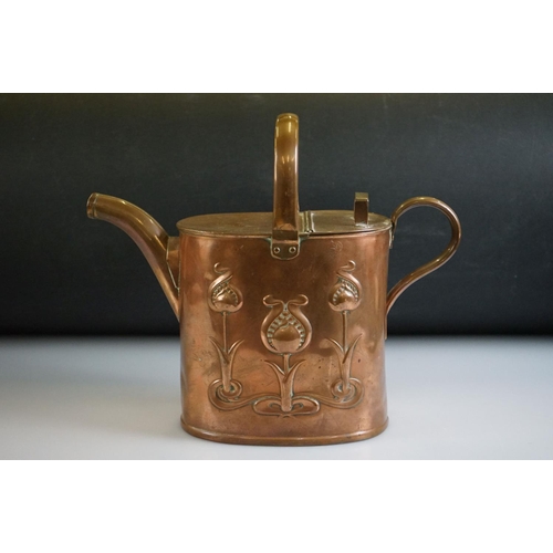 460 - Arts & Crafts Joseph Sankey & Sons copper watering can with embossed stylised floral decoration, siz... 