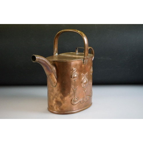 460 - Arts & Crafts Joseph Sankey & Sons copper watering can with embossed stylised floral decoration, siz... 