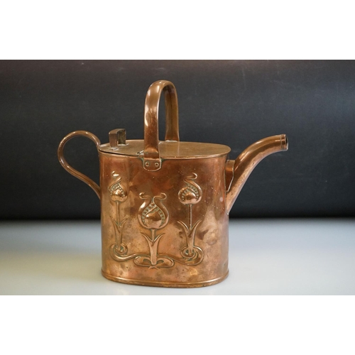 460 - Arts & Crafts Joseph Sankey & Sons copper watering can with embossed stylised floral decoration, siz... 