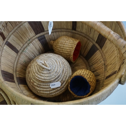 461 - Five woven rush work pots and containers, possibly African, includes two lidded examples, the larges... 