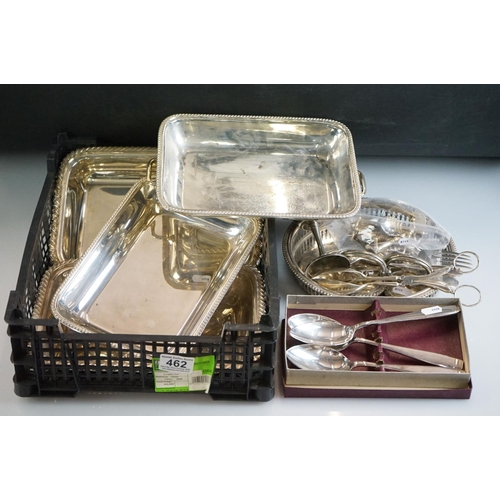 462 - Collection of silver plate to include 4 entrée dishes, Elkington plate spoons, a circular tray with ... 