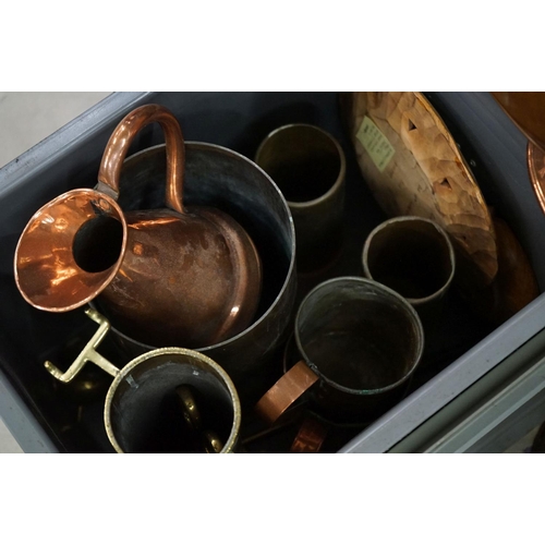 469 - Collection of mixed copper and brassware, to include a copper kettle, copper coal scuttle, large cop... 