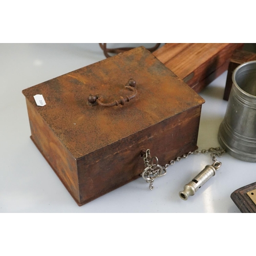 470 - A brass cribbage board, a treen brass bound rectangular box, a pewter tankard, a stell safe box, a p... 