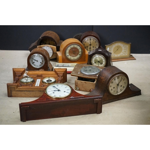 506 - Collection of 15 clocks, mostly wooden cased mantel clocks, to include a mid 20th century Smiths Bak... 