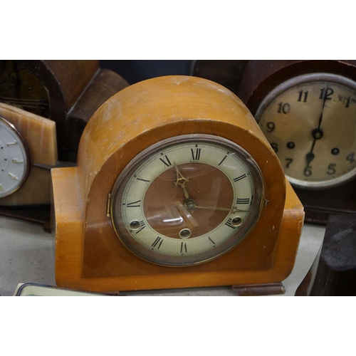 506 - Collection of 15 clocks, mostly wooden cased mantel clocks, to include a mid 20th century Smiths Bak... 