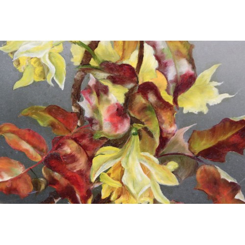 553 - Juliet E Burn ** 1903, oil on board, still life of an autumnal floral display, signed and dated on v... 