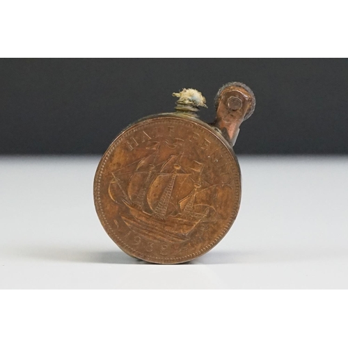 16 - A British World War Two Brass Pocket Trench Lighter Made With 1938 Half Penny Coins.