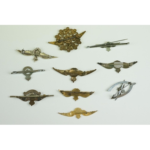 20 - A Collection of Ten Royal Air Force / RAF Kings Crown Sweetheart Brooches To Include Silver And Enam... 