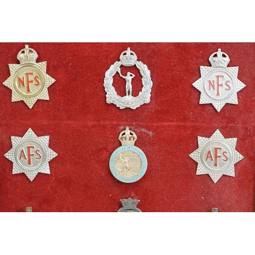 86 - A Collection Of Framed British World War Two Badges To Include National Fire Service, Auxiliary Fire... 