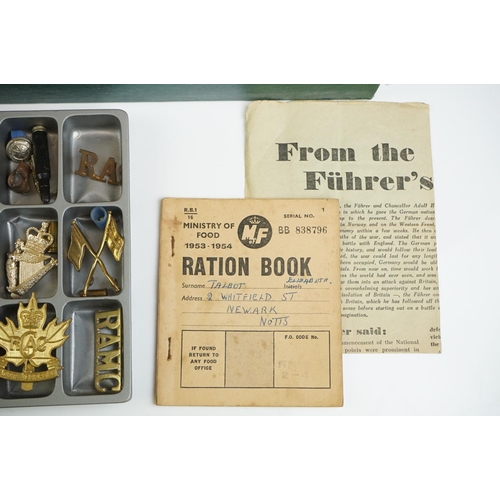 108 - A Small Collection Of Mixed Militaria To Include Buttons, Badges, Ration Book, Cloth Badges and Iner... 