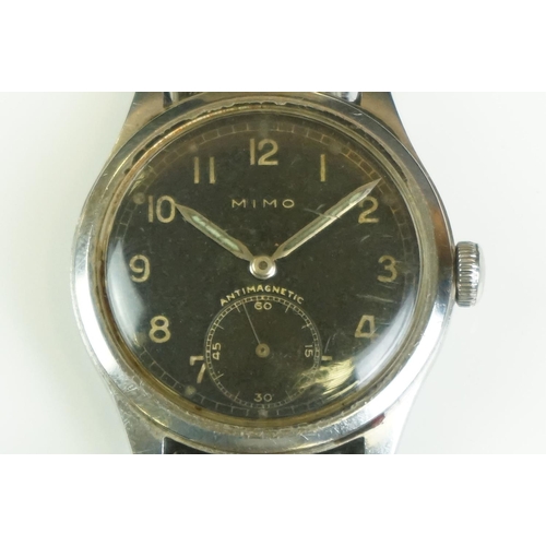 157 - A World War Two German Military Issued MIMO Antimagnetic Manual Wound Wristwatch With Black Dial And... 