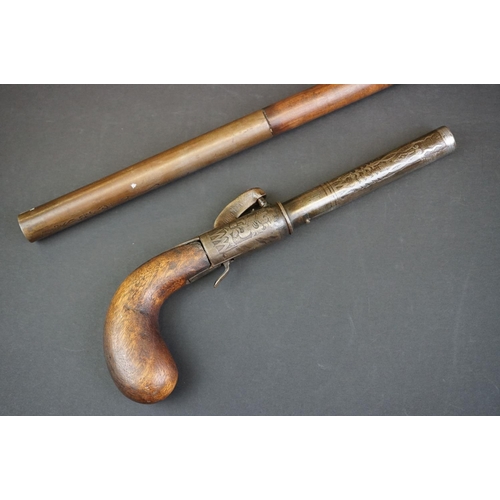 370 - An Antique Percussion Cap Walking Stick Pistol With Decorative Engraving And Indistinct Maker Mark.