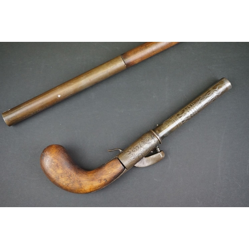 370 - An Antique Percussion Cap Walking Stick Pistol With Decorative Engraving And Indistinct Maker Mark.