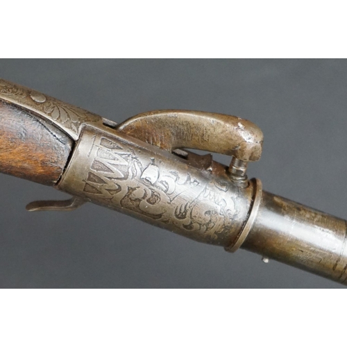 370 - An Antique Percussion Cap Walking Stick Pistol With Decorative Engraving And Indistinct Maker Mark.