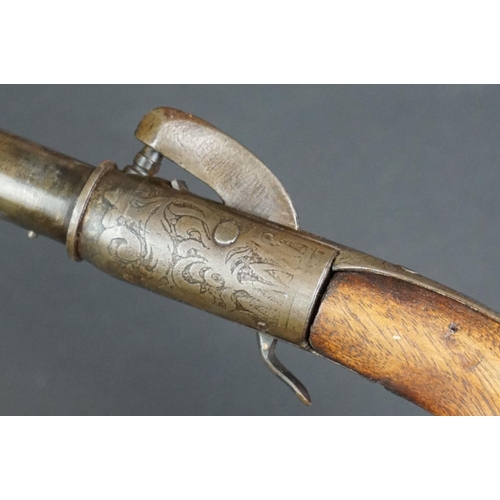 370 - An Antique Percussion Cap Walking Stick Pistol With Decorative Engraving And Indistinct Maker Mark.