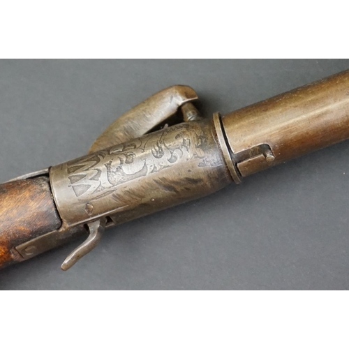 370 - An Antique Percussion Cap Walking Stick Pistol With Decorative Engraving And Indistinct Maker Mark.