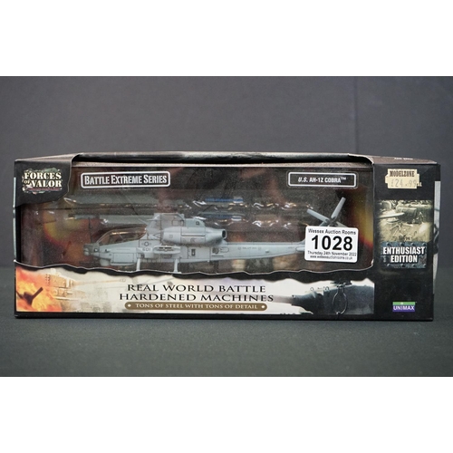 1028 - Six boxed Unimax Forces of Valor 1/72 Battle Extreme Series diecast models to include US AH-1Z Cobra... 