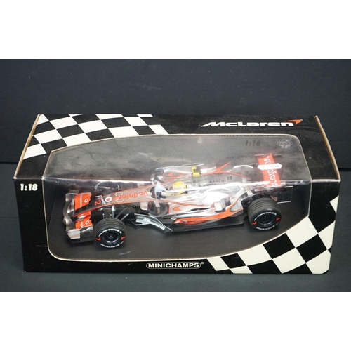 1197 - Boxed Minichamps diecast Formula One 1:18 Vodafone McLaren Mercedes MP4-22 Lewis Hamilton 1st win, C... 