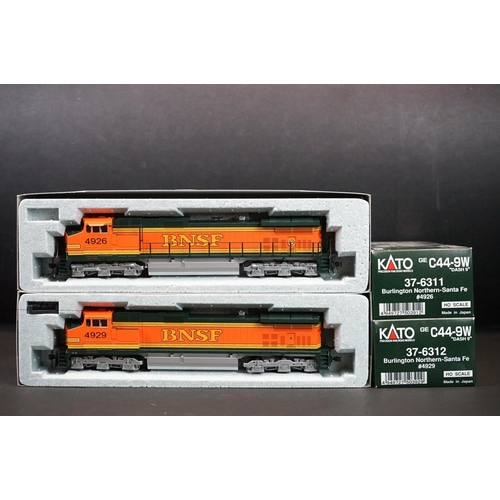 196 - Two boxed Kato HO gauge GE C44-9W DASH 9 Burlington Northern - Santa Fe locomotives to include 37-63... 