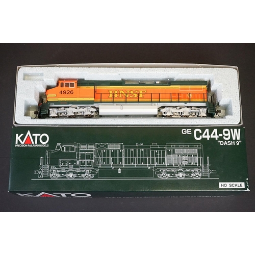 196 - Two boxed Kato HO gauge GE C44-9W DASH 9 Burlington Northern - Santa Fe locomotives to include 37-63... 