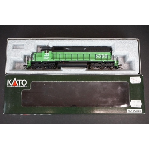 228 - Four boxed Kato Ho gauge locomotives with incorrect/re-stickered boxes, include BN #6335, SD40 CN #5... 