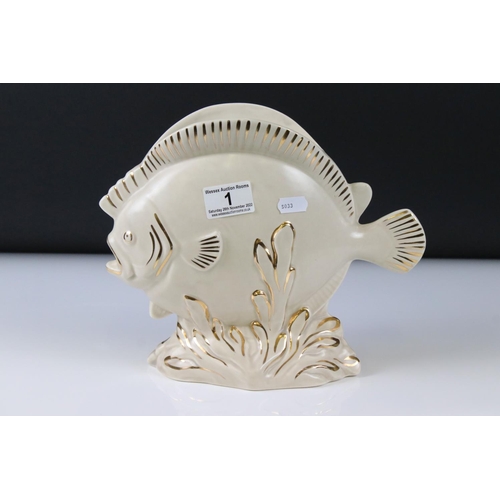 1 - Clarice Cliff Vase moulded as a fish, in a cream colourway with gold highlights, printed marks to ba... 