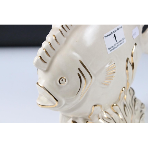 1 - Clarice Cliff Vase moulded as a fish, in a cream colourway with gold highlights, printed marks to ba... 