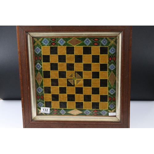 132 - A 19th century Folk Art painted glass chess board/draughts board, with naively decorated borders, in... 