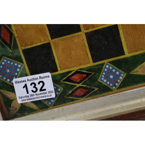 132 - A 19th century Folk Art painted glass chess board/draughts board, with naively decorated borders, in... 