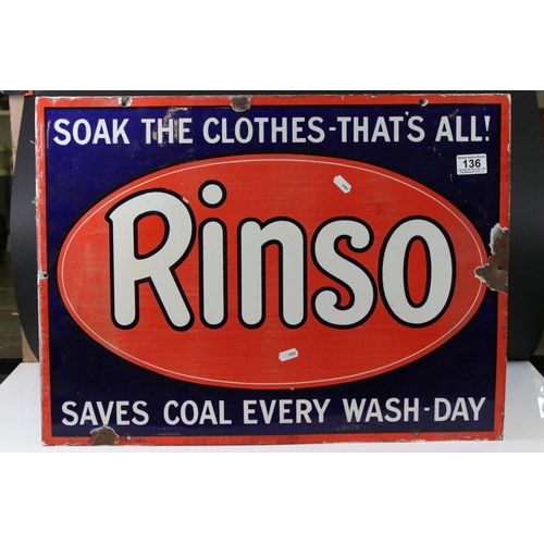 136 - Enamel Advertising Sign ' Rinso, soak the clothes - that's all, saves coal every wash-day, 61cm x 46... 