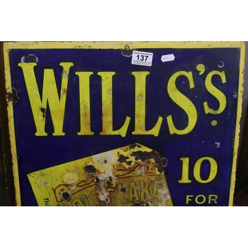 137 - Enamel Advertising Sign ' Will's Cigarettes Sold Here ', 46cm x 93cm