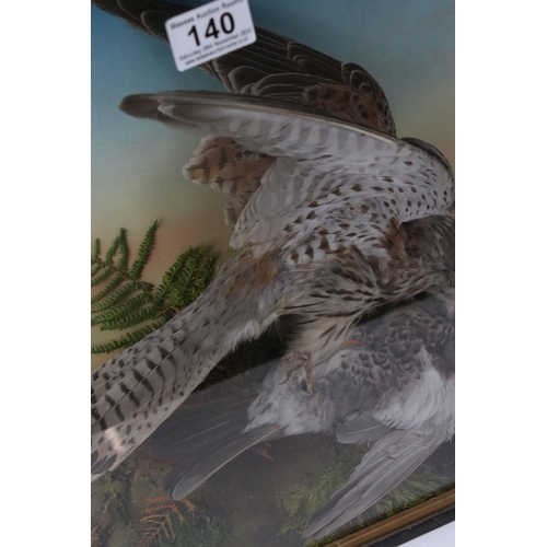 140 - Taxidermy - Cased Sparrowhawk attacking another bird mounted in a naturalistic setting, 38cm wide x ... 