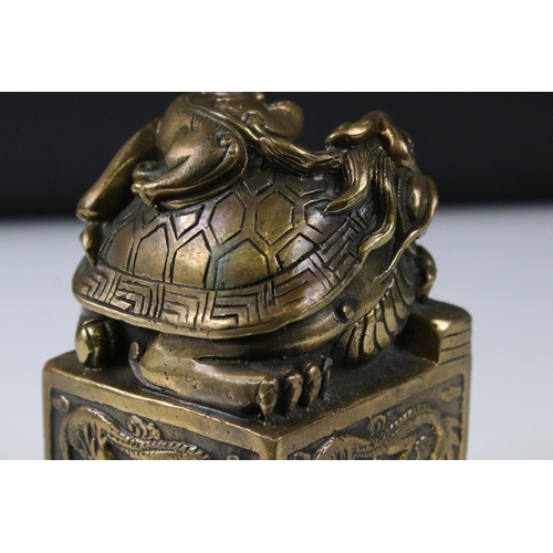 148 - Large Chinese Bronze Seal surmounted by dragons, 14cm high