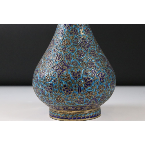 150 - Persian Blue Enamelled Brass Bottle Shaped Jar and Cover, 37cm high