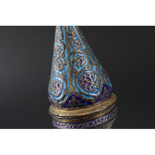 150 - Persian Blue Enamelled Brass Bottle Shaped Jar and Cover, 37cm high