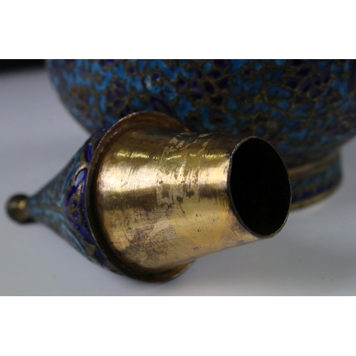 150 - Persian Blue Enamelled Brass Bottle Shaped Jar and Cover, 37cm high