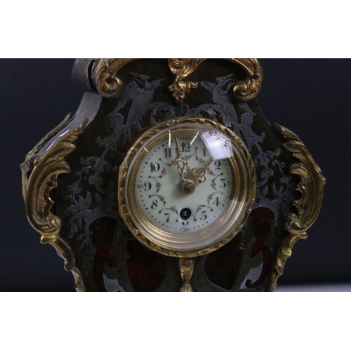 156 - 19th century French Boulle Mantle Clock, the white enamel face with Arabic numbers and decorated wit... 