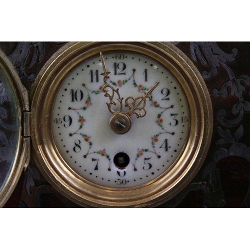 156 - 19th century French Boulle Mantle Clock, the white enamel face with Arabic numbers and decorated wit... 