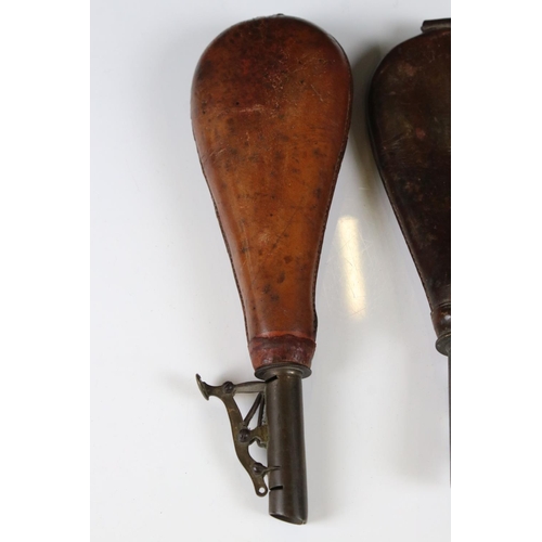 159 - Two 19th century Leather Shot / Powder Flasks, 23cm long