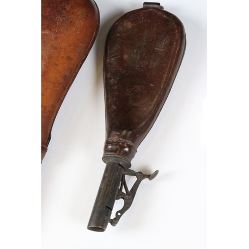 159 - Two 19th century Leather Shot / Powder Flasks, 23cm long