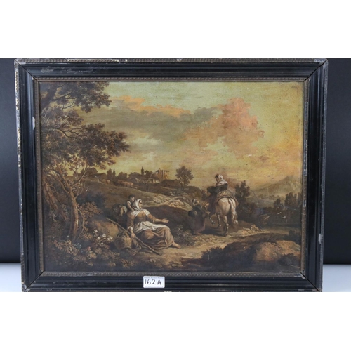 162A - 19th century Continental Picture of Country Folk on a Lane, 46cm x 34cm, framed