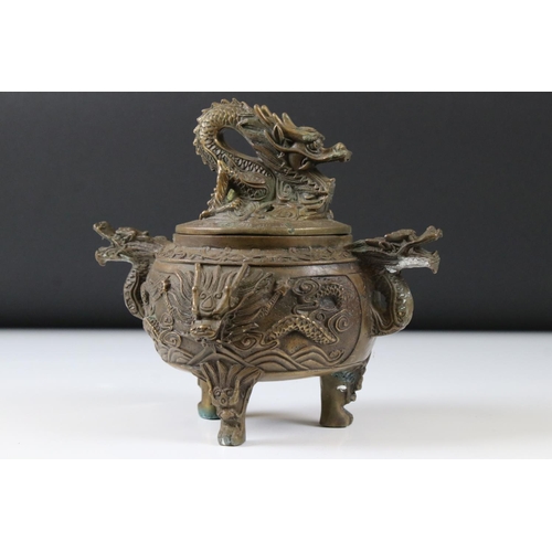 166 - Chinese Bronze ' Dragon ' Incense Burner, 19cm high