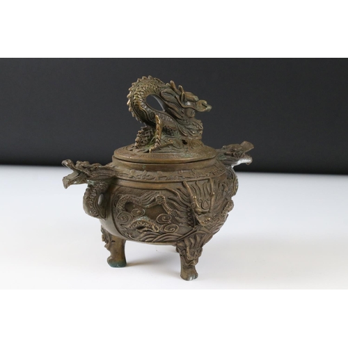 166 - Chinese Bronze ' Dragon ' Incense Burner, 19cm high