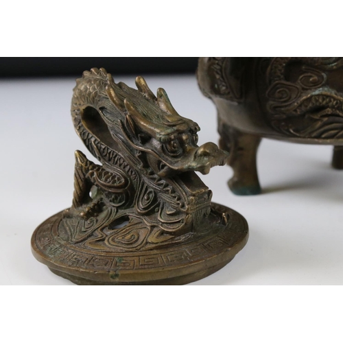 166 - Chinese Bronze ' Dragon ' Incense Burner, 19cm high